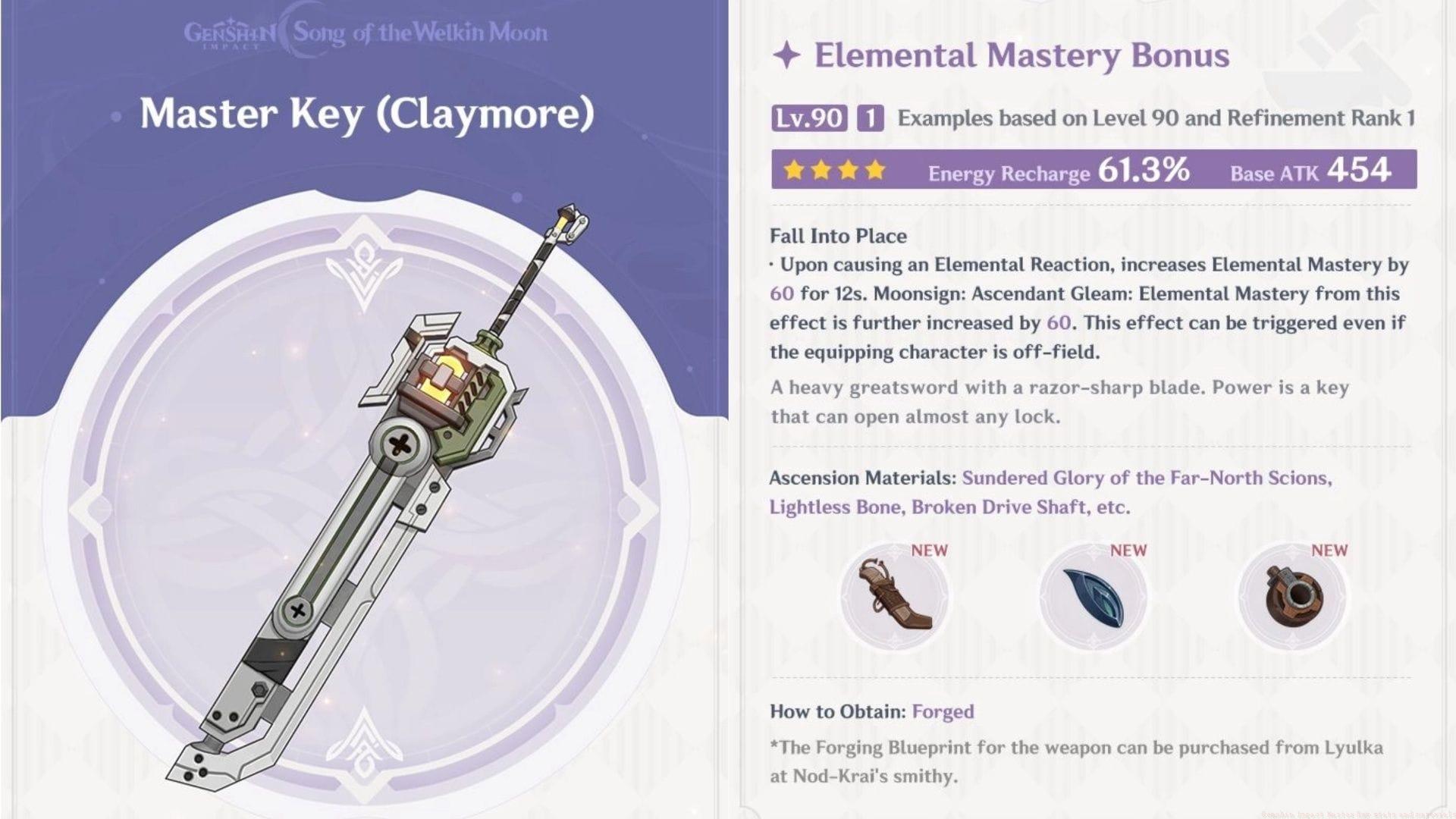 Stats and materials for Nod-Krai craftable Claymore, Master Key (Image via HoYoverse)