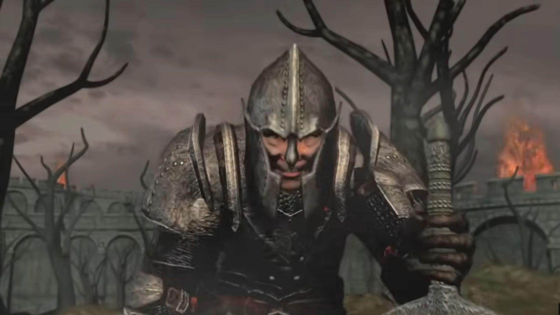 A soldier kneeling on the ground with his sword from Elder Scrolls 4 Oblivion