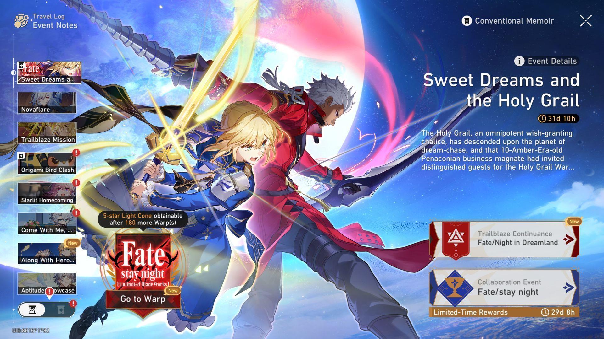 Honkai Star Rail FateStay Night event page