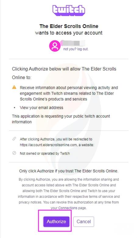 Click Authorize to Link Your ESO account to Twitch