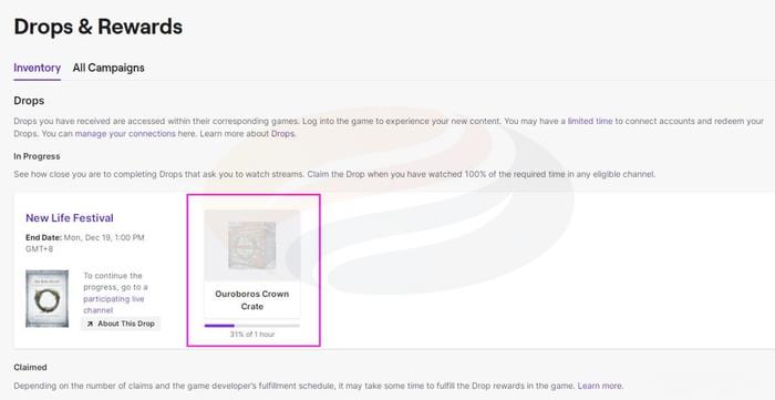You will receive the Twitch Drops when the progress bar reaches 100