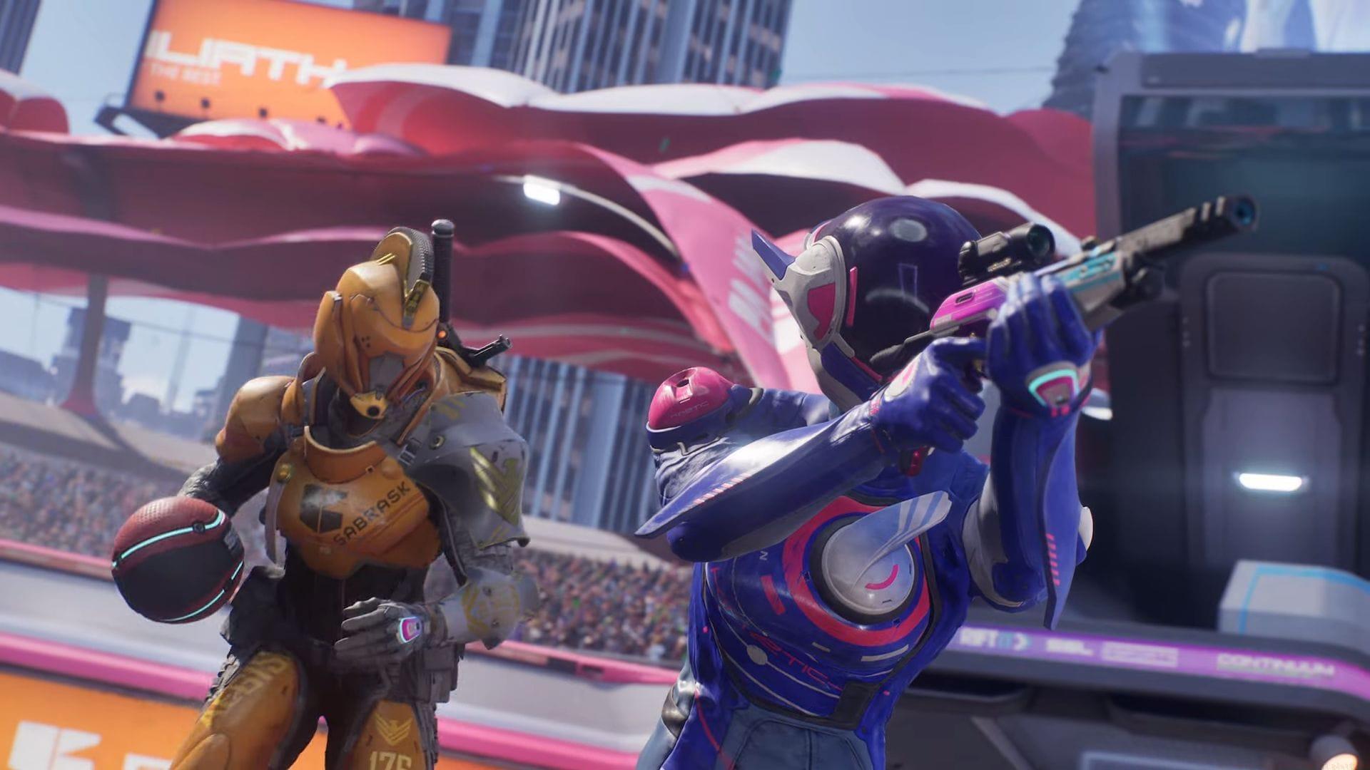 A still from Splitgate 2 official launch trailer, Splitgate 2 install size,  Splitgate 2 install size PS5,  Splitgate 2 install size PS4,  Splitgate 2 install size Xbox Series X,  Splitgate 2 install size Xbox Series S,  Splitgate 2 install size Xbox one