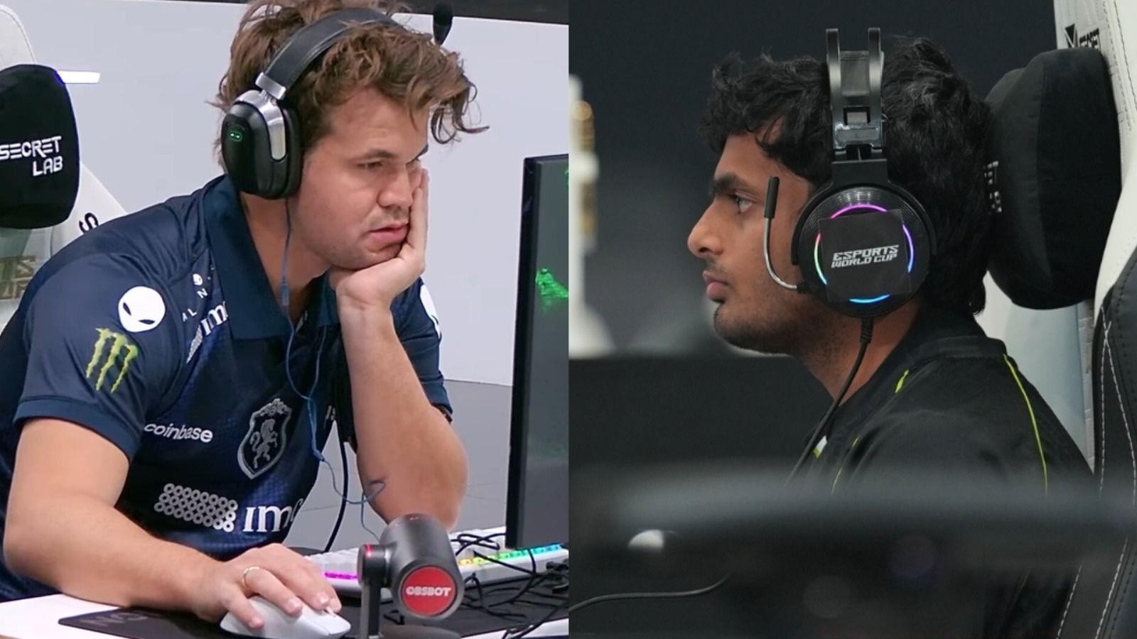 Nihal Sarin and Magnus Carlsen at the EWC 2025 quarter-finals.